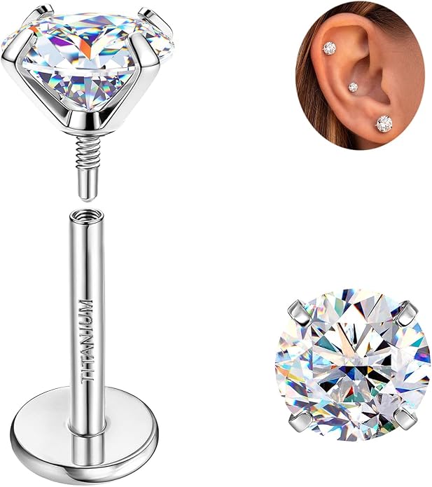 GEMQUEEN Moissanite Earrings G23 Titanium Extended Internal Thread Flat Back Earrings Hypoallergenic Tragus Cartilage Helix Conch Piercing Jewelry for Women Men 18G 6/8mm Post Gray/D Color 0.2-3CT