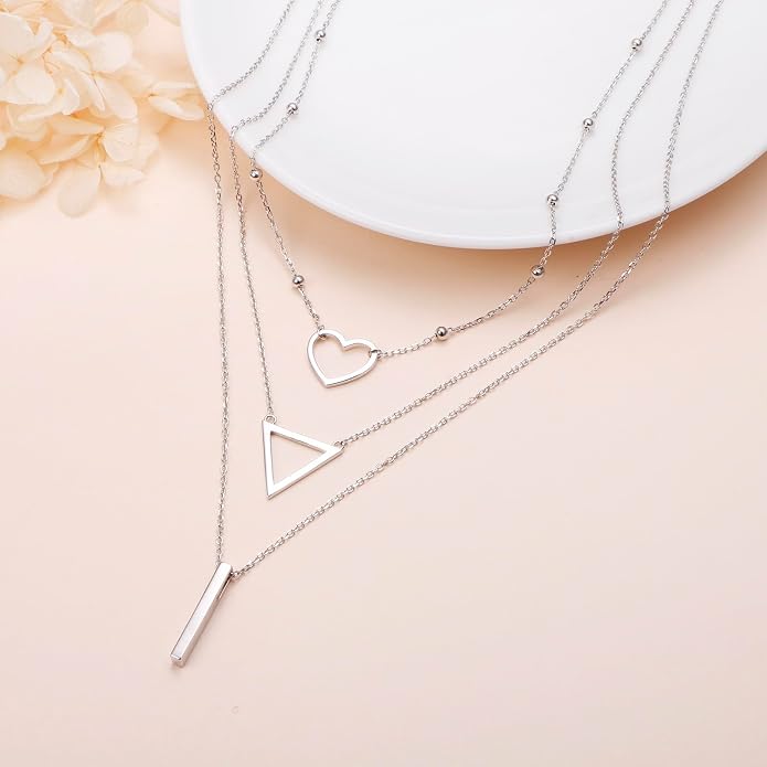 Layered Choker Necklaces for Women S925 Sterling Silver Circle/Heart/Cross/Star Multi Layered Necklace Handmade Bead Chain Adjustable Jewelry for Birthday