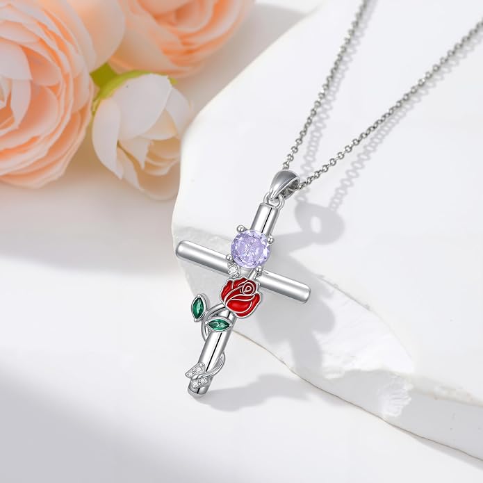 Birthstone Cross Necklace 925 Sterling Silver Rose with Butterfly Birthstone Cross Pendant Necklace Jewelry Gifts for Women Birthday Christmas