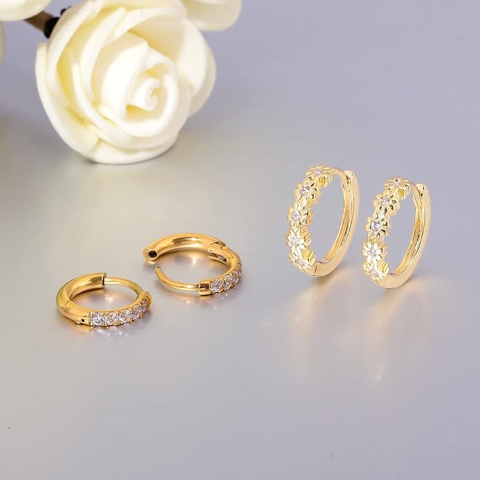 CiNily Small Hoop Earrings for Women Girls Flower Cubic Zirconia Huggie Earrings Hypoallergenic 14K Yellow Gold Plated Cartilage Earrings