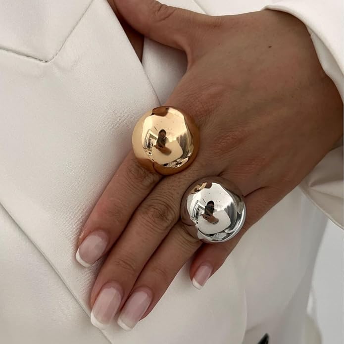 Angyape Chunky Gold Statement Rings Non Tarnish,Thick Dome Rings for Women Adjustable Silver Bubble Ring Vintage Chunky Ring Tarnish Free Trendy Jewelry Gifts