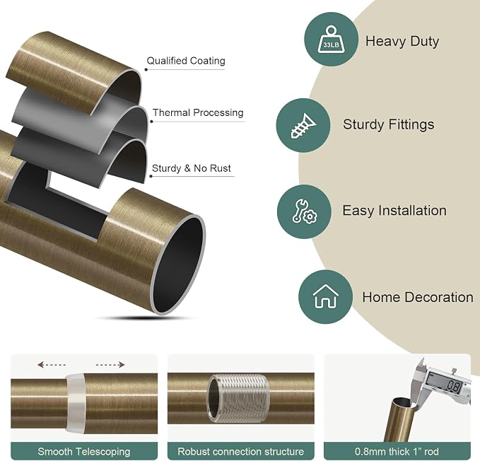 Lootkell Antique Bronze Curtain Rods for Windows 66 to 120 Inches Adjustable Length Heavy Duty 1" Diameter Window Curtain Rod with Solid Metal Finials for Outdoor Farmhouse Bedroom Kitchen Living Room