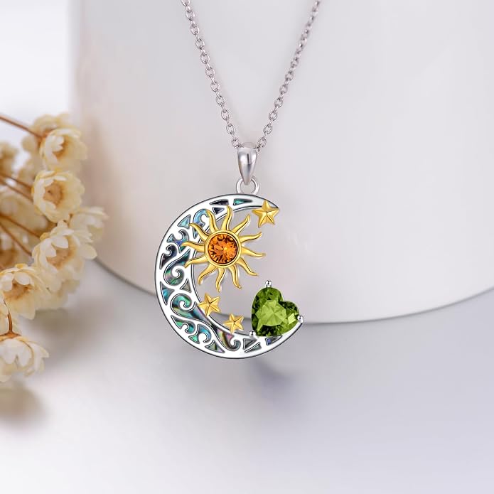 AOBOCO 925 Sterling Silver Sun and Moon Star Pendant Necklace with Simulated Birthstone, Birthday Christmas Jewelry Gift for Women Teen Girls