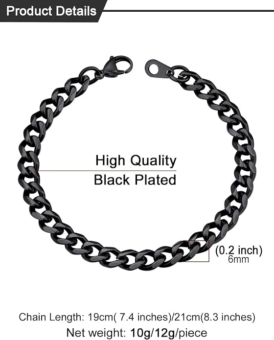 U7 Link Bracelets for Men, Cuban Link/Rope/Watch Band Solid Bracelet, Silver Black Gold Color Wrist Bracelet 3/6/9/12/15mm Width, 6.5/7.5/8.3 Inch Length, Hand Chain Jewelry for Mens Women