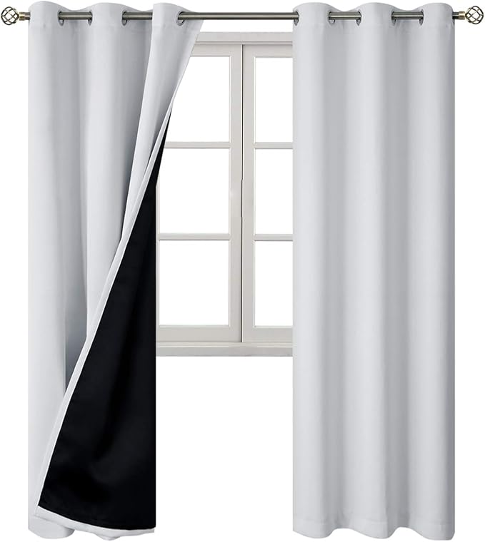 BGment Thermal Insulated 100% Blackout Curtains for Bedroom with Black Liner, Double Layer Full Room Darkening Noise Reducing Grommet Curtain (42 x 84 Inch, Greyish White, 2 Panels)