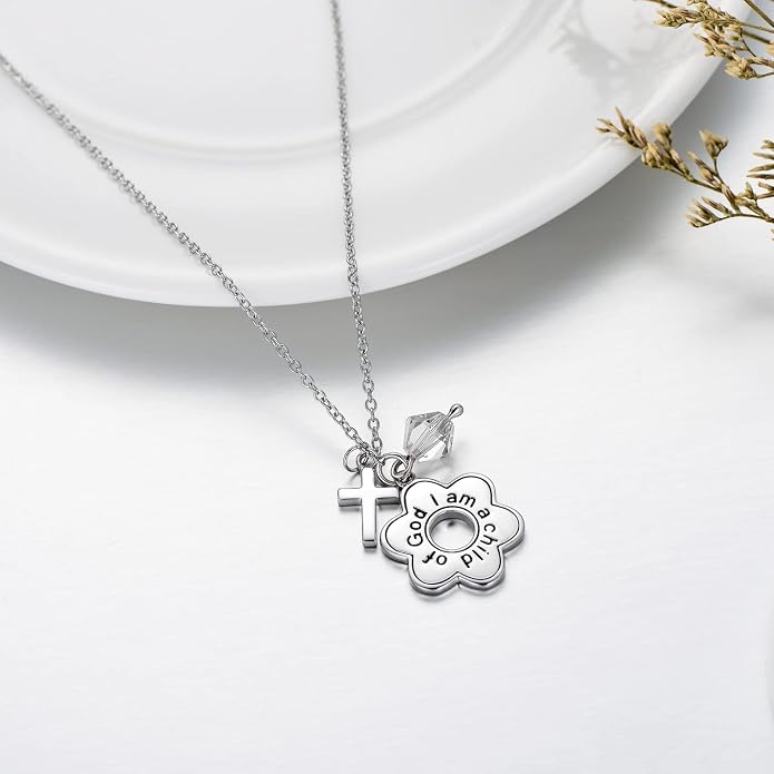 AOBOCO 925 Sterling Silver I Am a Child of God Daisy Necklace Jewelry Birthday Birthday Baptism Communion Gifts for Girls