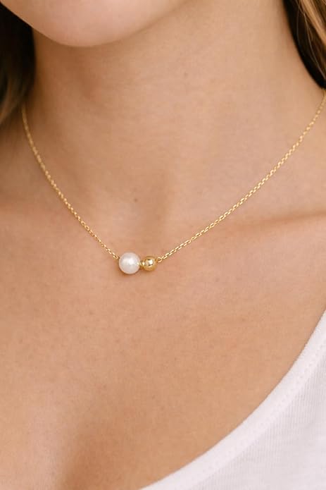 QueenBee Double Floating Pearl & Bead Bolo Necklace - 8mm Pearl with 14K Gold Filled or 925 Sterling Silver Accents, Adjustable Slider Chain, No-Clasp Waterproof Jewelry