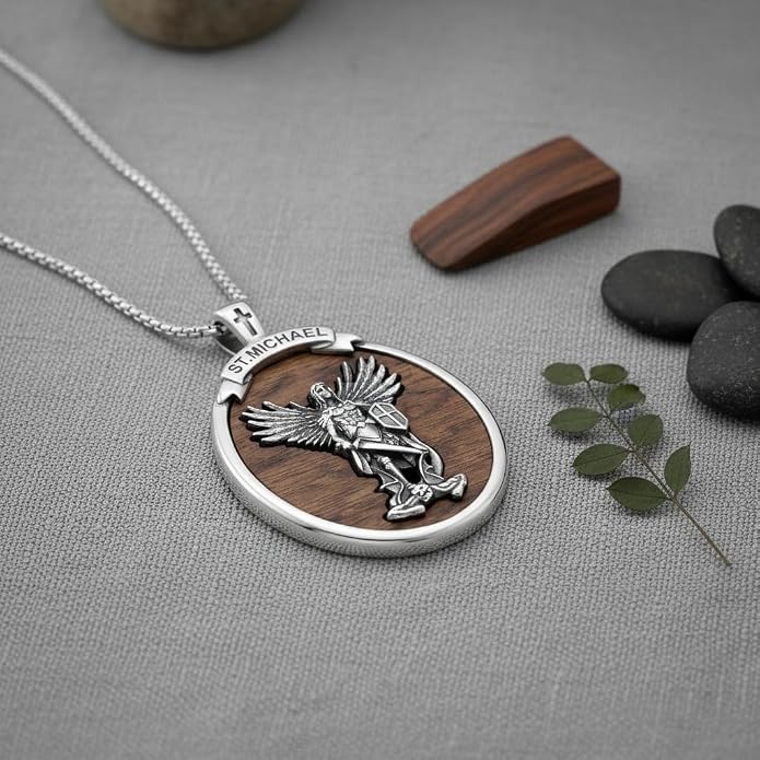 ONEFINITY Wooden Necklace Viking Wolf/St Benedict Medals/St Michael/Crucifix/St Christopher Pendant Necklace for Men Archangel Amulet Wooden Religious Jewelry Gifts for Men Women