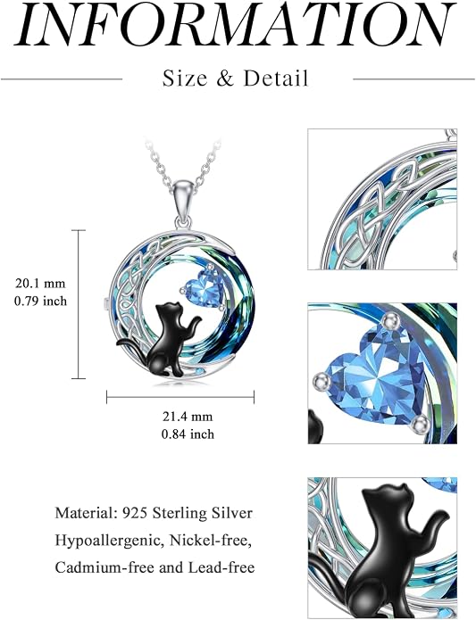 TOUPOP Cat Gifts for Cats Lovers 925 Sterling Silver Black Cat Necklace Celtic Moon Birthstone Jewelry for Women Anniversary Birthday Gift for Her Wife Mom