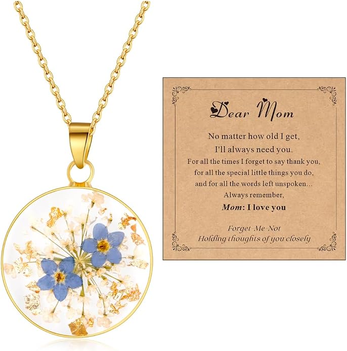 AUNTESIGN Forget-Me-Not and Queen Anne's Lace Pressed Wildflower Necklace | Birth Month Flowers Necklace | Gold/Silver Pressed Flower Jewelry | Mother's Day | Gift For Her