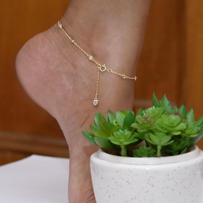 Station Anklet Bracelet For Women 3MM Round Lab Created Moissanite Bezel Set Single Piece Dainty Link Chain Anklet in 14K Gold Plated 925 Sterling Silver 8" to 10" Fine Jewelry