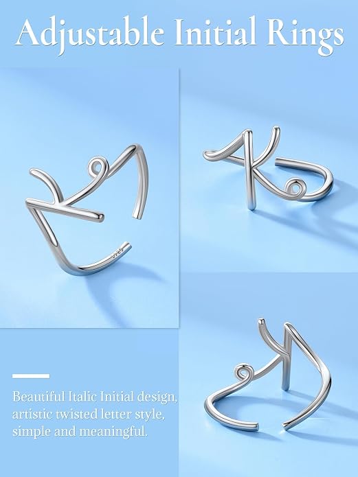 SILVERCUTE S925 Initial Rings, Adjustable Size 6-12 Statement Alphabet Letter A-Z Jewelry Personalized Twisted Initials Rings Sterling Silver Stacking Ring for Women