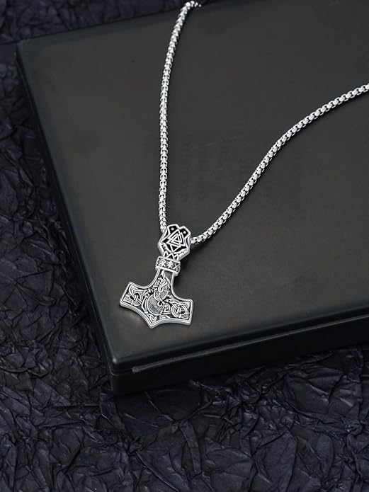 Viking Necklace for Men 925 Sterling Silver Viking Wolf/Thors Hammer/Vegvisir/Tree of Life/Compass Pendant Norse Necklace Amulet Talisman Christmas Gifts for Him Her