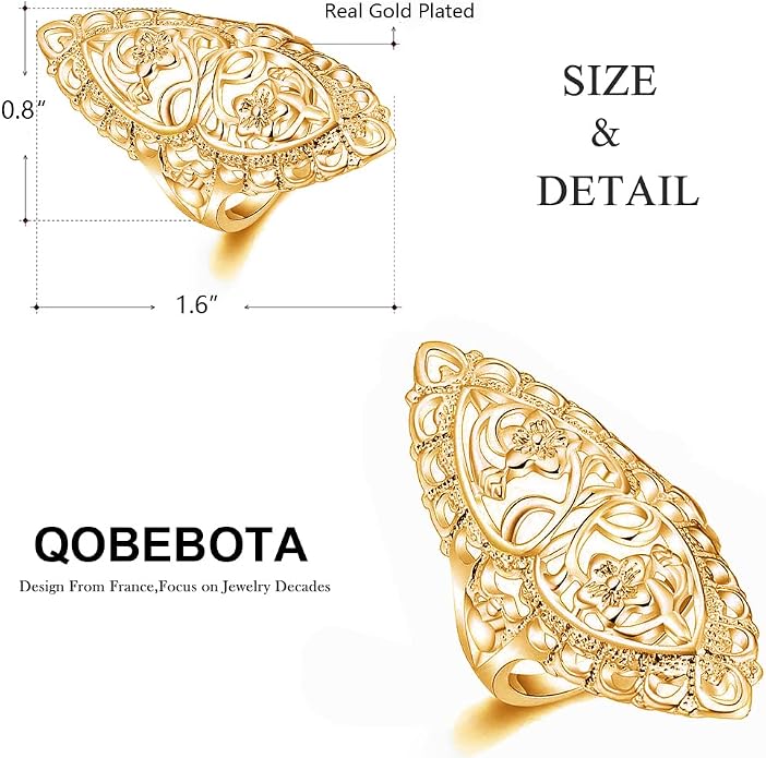 Rings for Women Summer Boho Rings Filigree Flower Ring Chunky Gold Ring Full Finger Rings Wide Band Womens Rings for Cocktail Party Birthday Gifts Statement Rings for Women