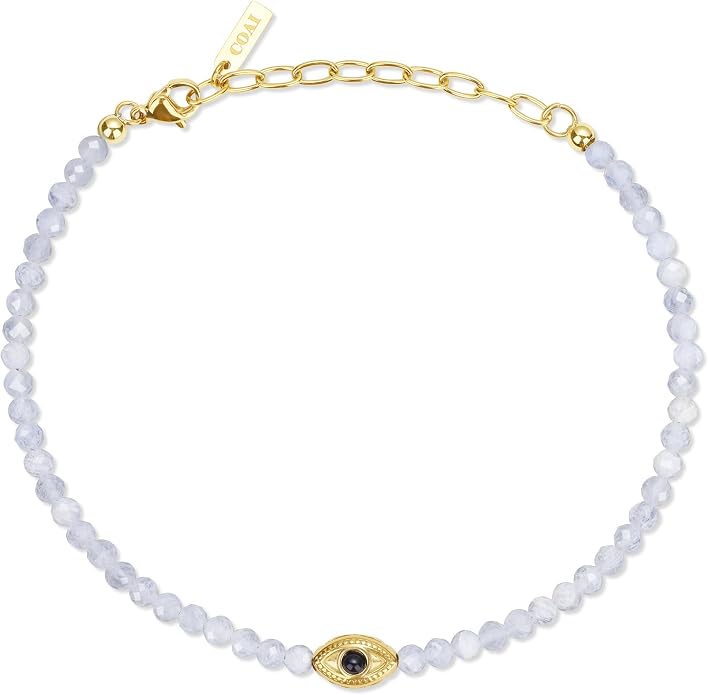 COAI Evil Eye Anklet for Women, Summer Waterproof Anklet for Women Lapis Lazuli Moonstone Black Tourmaline Ankle Bracelet