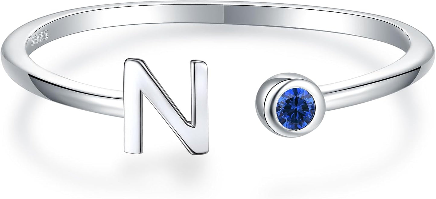 925 Sterling Silver Initial Letter Birthstone Rings for Women Adjustable 1-12 Month Birthstone Alphabet Stacking Ring for Teens Girls Stackable Birthstone Rings Birthday Jewelry Gift for Daughter Mom