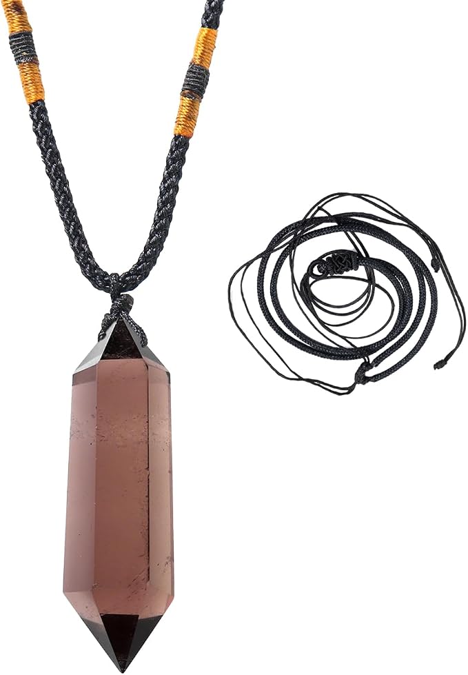 Runyangshi Smoky Quartz Healing Crystal Pendants, Double Pointed Natural Crystal Quartz Necklace 6 Faceted Chakra Crystal Wand Stone Reiki Meditation