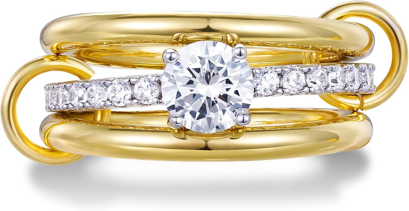 KissYan Stackable Rings for Women, 14k Gold Plate Interlocked Multi Ring Set Dainty Pave CZ Personalized Fashion Two-Toned Mixed Metals Stacking Jewelry Trendy Statement Gift
