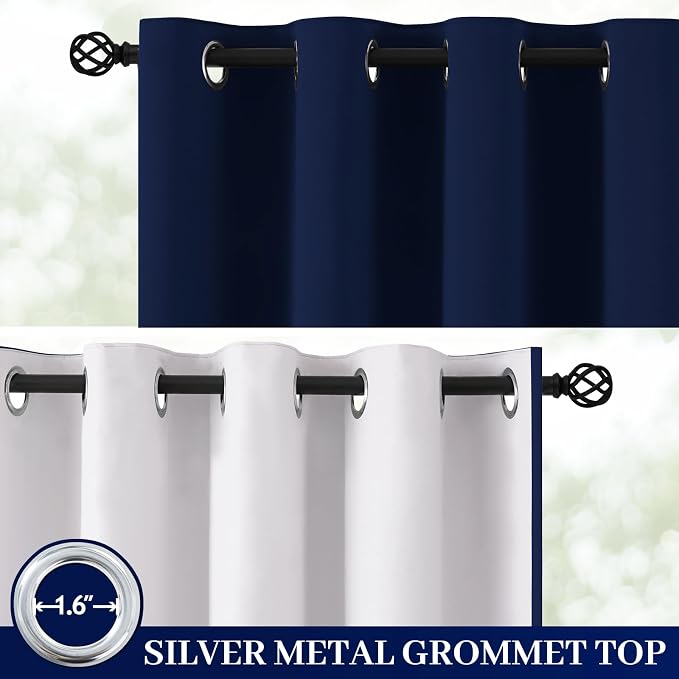 Yakamok Navy Blue 100% Blackout Curtains 84 Inches Long 50" Wide, 2 Panels | Blackout Curtain Panels for Bedroom, 2 Thick Layers Grommet Top Thermal Insulated Drapes with White Back for Living Room