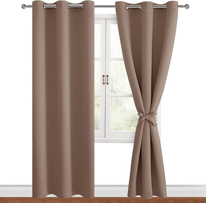 Hiasan Blackout Curtains for Bedroom, 42 x 84 Inches Long - Thermal Insulated & Light Blocking Window Curtains for Living Room, 2 Drape Panels Sewn with Tiebacks, Cappuccino