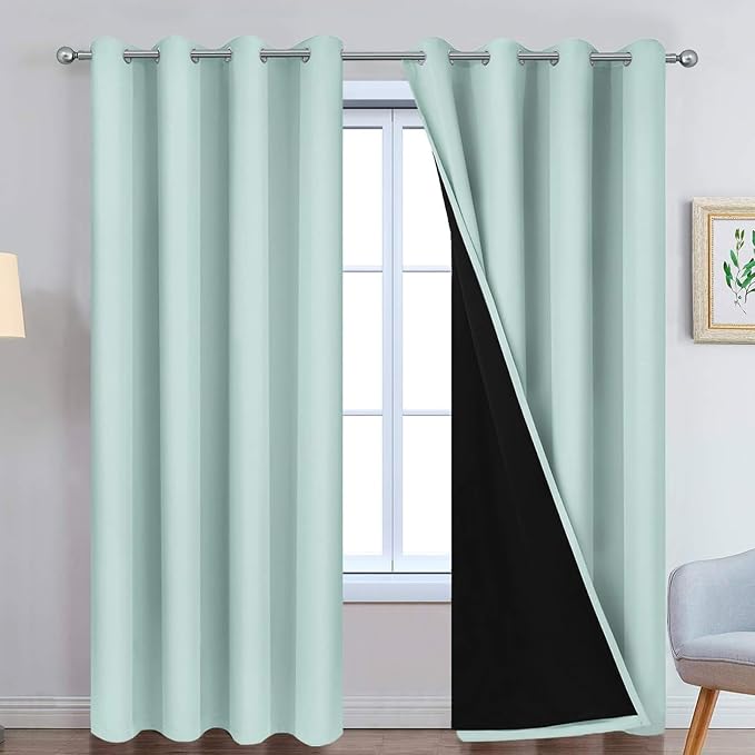 Yakamok Aqua 100% Blackout Curtains 90 Inches Long for Bedroom 52" Wide | Blackout Curtain Panels for Bedroom, 2 Thick Layers Grommet Top Thermal Insulated Drapes with Black Liner for Living Room