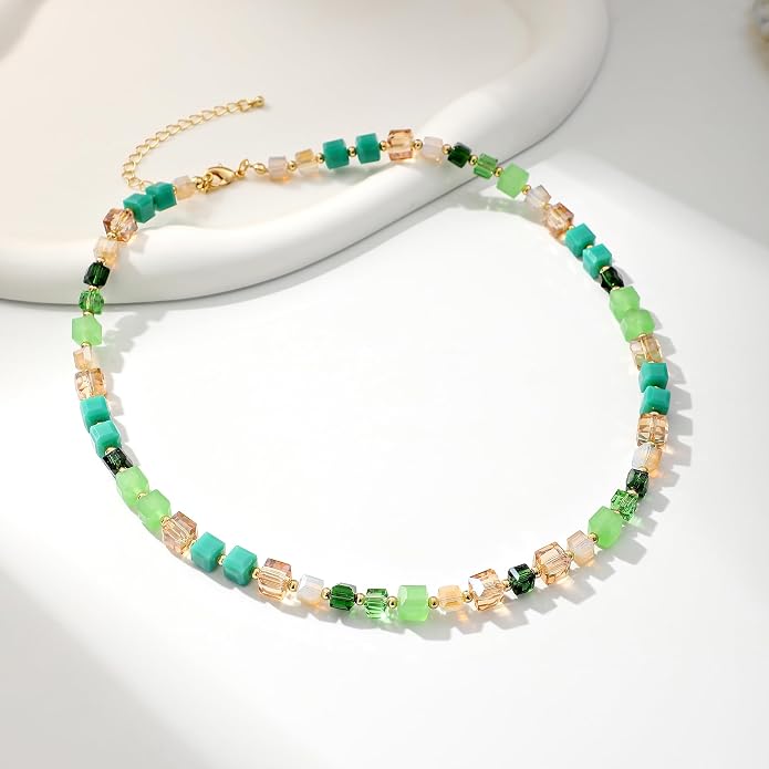 LALAPPLE Colorful Beaded Gemstone Necklace for Women, Boho Rainbow Bead Choker with Natural Stone Crystal Beads, Handmade Summer Beach Necklace Jewelry