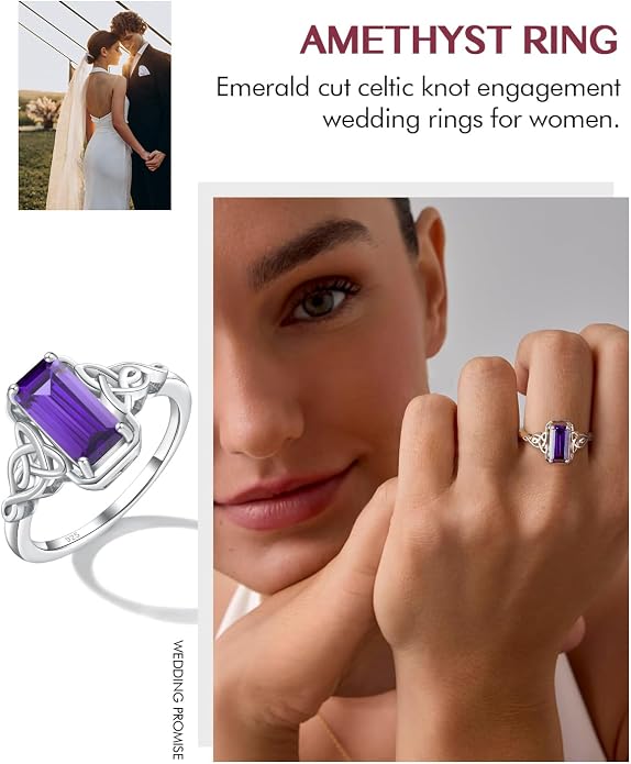 DAYBYDAY Celtic Birthstone Rings for Women, 925 Sterling Silver/18K Gold Plated Emerald Cut Celtic Knot Engagement Wedding Ring, Square Created Gemstone Promise Rings for Her Size 6-10