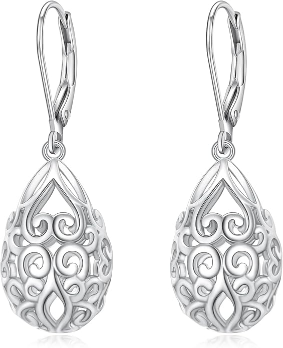 Alphm Filigree Dangle Drop Earrings 925 Sterling Silver Filigree Leverback Teardrop Earrings French Style Lightweight Hypoallergenic Jewelry Gifts for Women