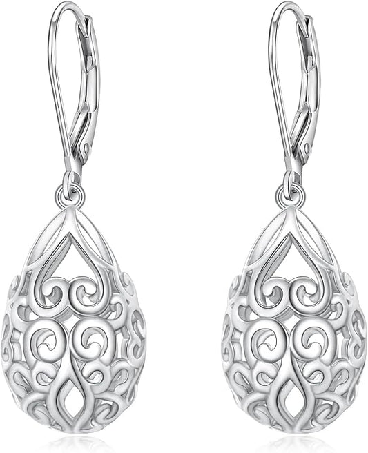 Alphm Filigree Dangle Drop Earrings 925 Sterling Silver Filigree Leverback Teardrop Earrings French Style Lightweight Hypoallergenic Jewelry Gifts for Women