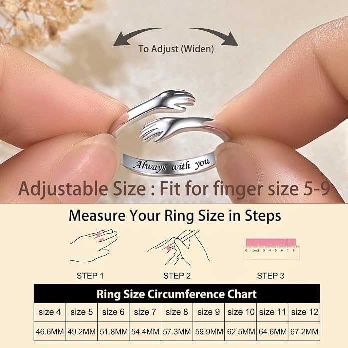 S925 Sterling Silver Hug Rings for Women Teen Girls Adjustable Ring for Granddaughter Daughter Hope Promise Friendship Hand Ring Jewelry for Birthday Graduation Christmas Mothers Day Valentines Gifts