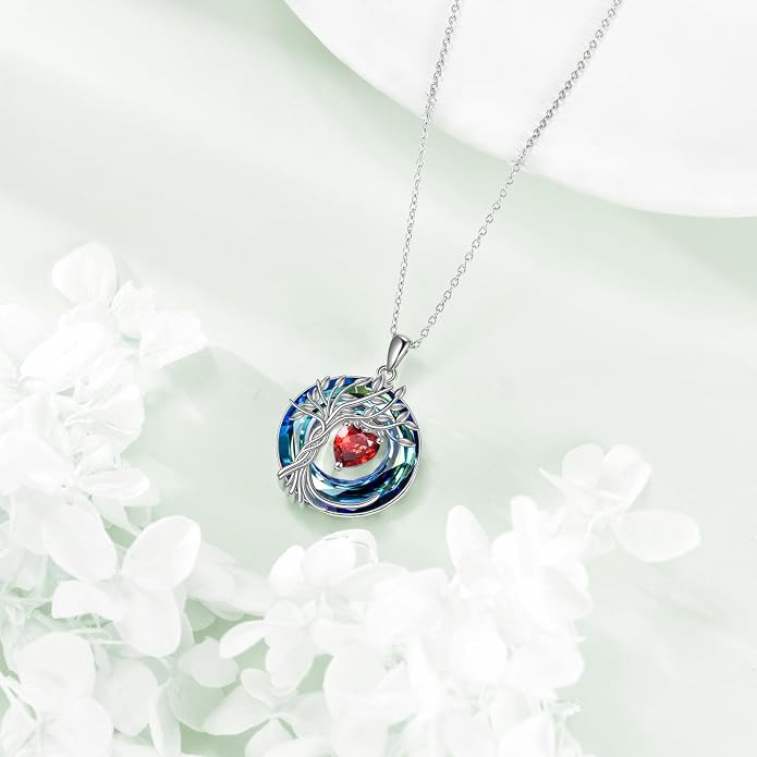POPLYKE Mothers Day Gifts for Mom Her Wife Tree of Life Necklace 925 Sterling Silver Birthstone Pendant with Crystal Anniversary Birthday Wedding Jewelry for Women