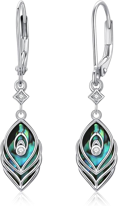 CUOKA MIRACLE Peacock Feather Earrings 925 Sterling Silver Abalone Shell Earring Hypoallergenic Bohemia Earrings for Women Jewelry Christmas Birthday Gifts for Women Men Mom