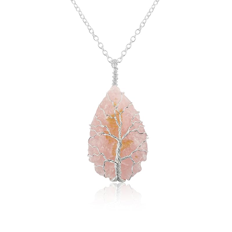Tree of Life Craft - Raw Rose Quartz Rough Crystals Pendant Necklace, Arrow Shape, Wire Wrapping, Gift Giving Women Jewelry with Dainty Silver Plated Chain 18 inch (1pcs)