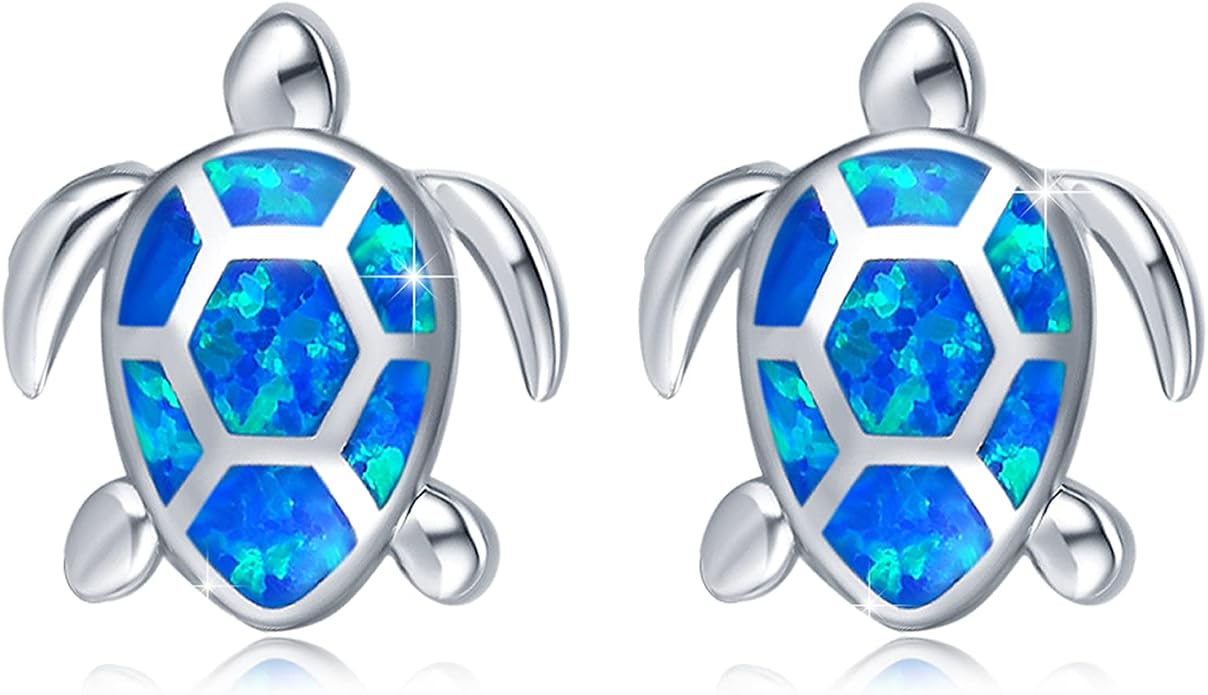 Sea Turtle Earrings,Sterling Silver Hawaiian Beach Themed Stud Earrings Tortoise Animals Drop Dangle Blue Opal Ocean Tarnish Resistant Jewelry Gifts for Women Girlfriend Mom Mother Sister