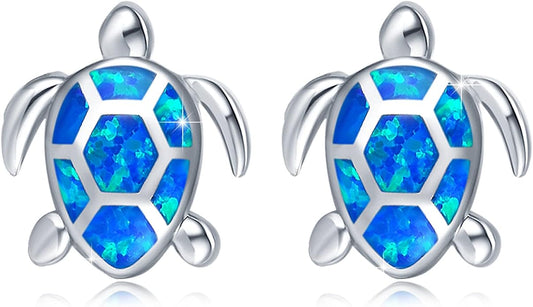 Sea Turtle Earrings,Sterling Silver Hawaiian Beach Themed Stud Earrings Tortoise Animals Drop Dangle Blue Opal Ocean Tarnish Resistant Jewelry Gifts for Women Girlfriend Mom Mother Sister