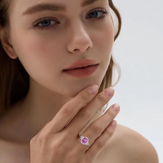 DAYBYDAY Celtic Birthstone Rings for Women 925 Sterling Silver Heart/Round/Pear/Oval Created Gemstone Moissanite Halo Engagement Promise Rings for Her Wife Birthday Anniversary Wedding Jewelry