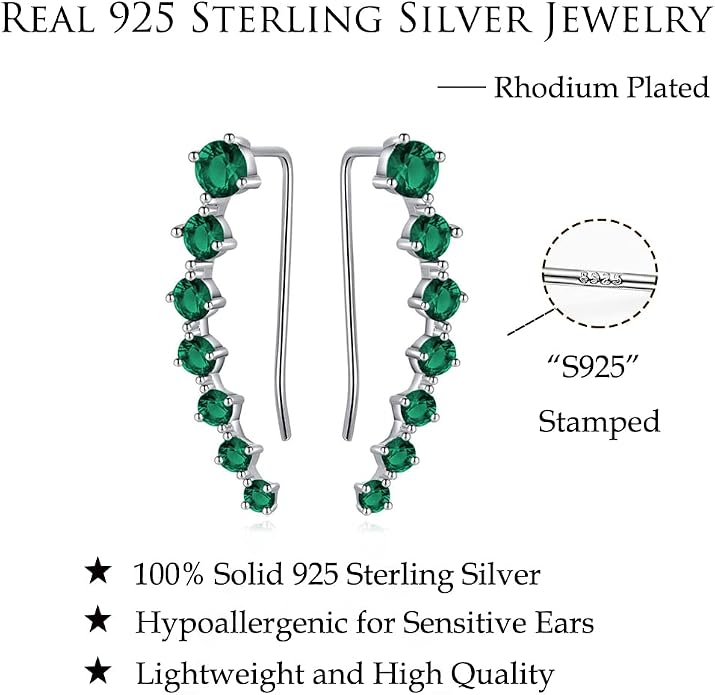 Reffeer Solid 925 Sterling Silver 7 Crystals Cuff Earrings Climber for Women Crawler Earrings Wraps