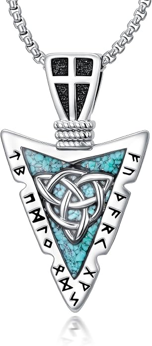 Viking Turquoise Arrowhead Necklace for Men Celtic/Evil Eye/Ankh/Valknut/Compass Arrow Head Pendant Fathers Day Birthday Gifts