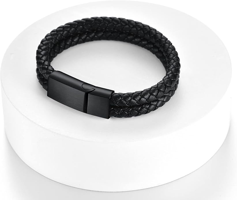 ChainsHouse Mens Wrap Braided Leather Black Bead Bracelets Bangles, Vintage Star of David/Wing Skull/Templar Cross Genuine Leather Bracelet, Customize Available, Size 7.5/8.3/9.0 Inch, Send Gift Box