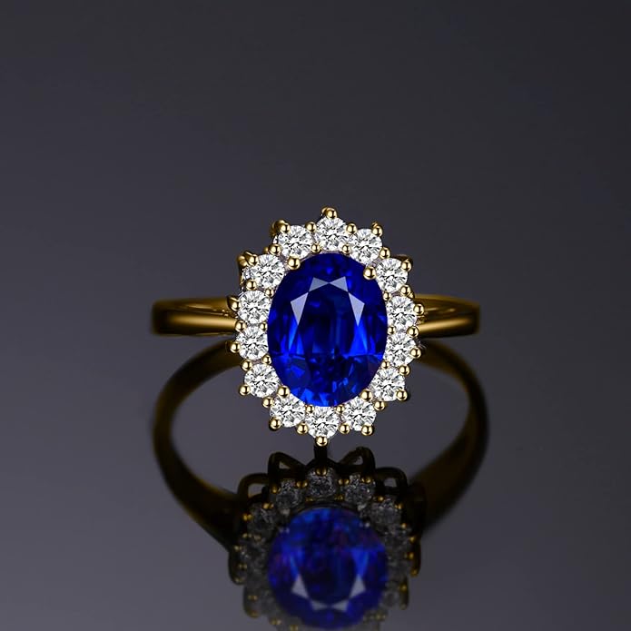 JewelryPalace Princess Diana Kate Middleton Class Gemstone Birthstone Sapphire Halo Engagement Rings for Women, Anniversary 14K White Yellow Rose Gold Plated 925 Sterling Silver Promise Rings for Her