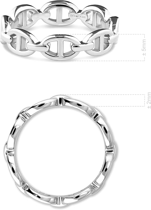 DEVATA Gold or Rhodium Plated Sterling Silver 925 – Eternity, Band Ring for Women – Heart, Knot, Clover, Infinity, Mariner, Cable, Curb, Cuban, Figaro, Daisy, Rope, Ribbed, Dome