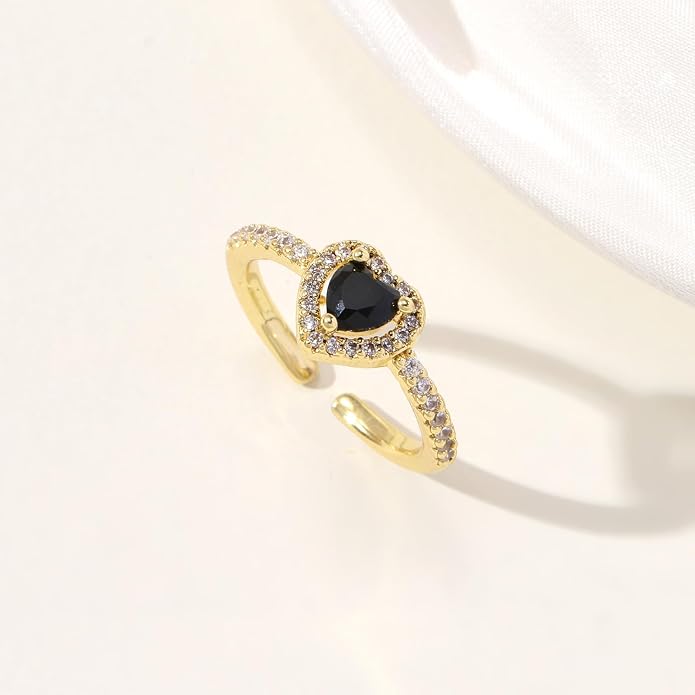 Gold Birthstone Rings for Women Non Tarnish 14k Gold Plated Dainty Heart Rings Adjustable Size Cubic Zirconia Ring Gold Simulated Gemstone Rings Birthday Gifts for Women