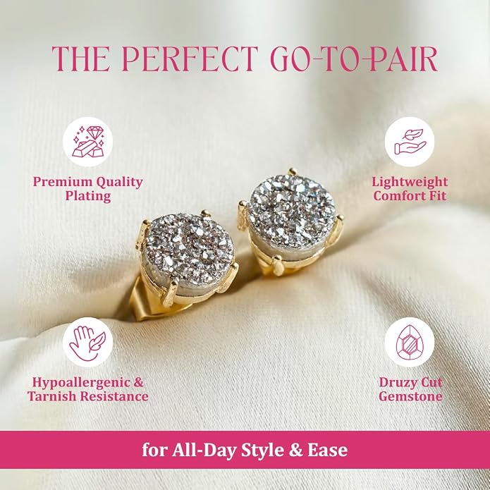 Gempires Gemstone Druzy Stud Earrings for Women 14k Gold Plated Handmade Prong Set Studs Raw Crystal Hypoallergenic Jewelry Minimalist Every Ocassion Gift