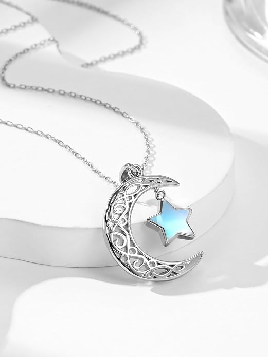 Dreamboat Sterling Silver Moon and Star Necklace Silver Crescent Moon Necklaces for Women Star Pendant Celestial Jewelry Gifts