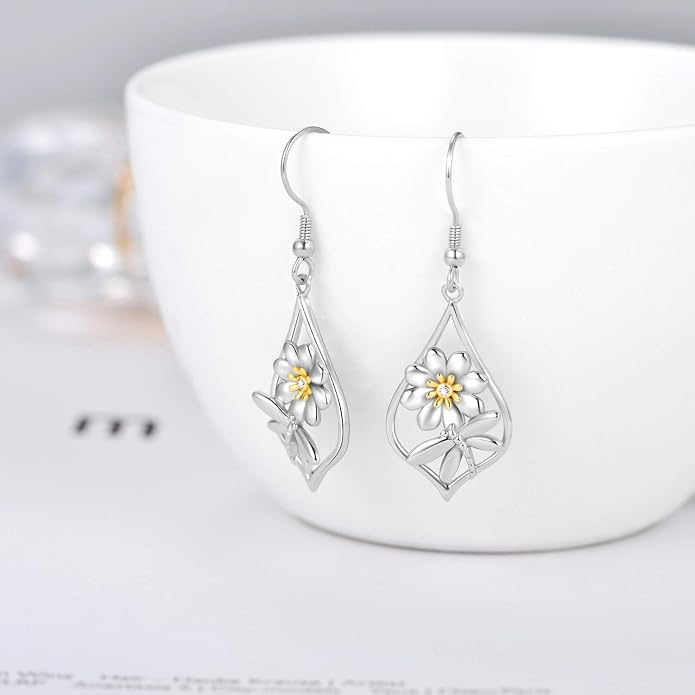 WINNICACA Sterling Silver Dangle Drop Earrings for Women Mom Flower Leverback Earrings Jewelry Christmas Anniversary Birthday Gifts