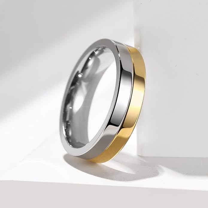 King Will 316L Stainless Steel Men's Wedding Band – 6/8 mm Dual-Tone Wedding Ring Polished Finish with Gold/Black Steel Plating, Fashionable and Durable Stainless Steel Men's Ring Size 7-14