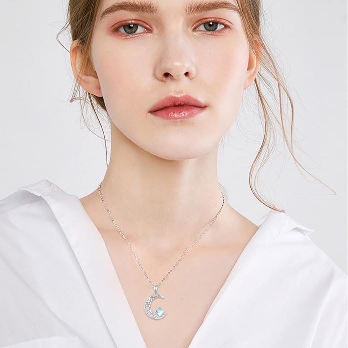 TRISHULA Moon Star Necklace, 925 Sterling Silver Crescent Moon Sun Pendant with Moonstone Crescent Jewelry Gift for Her Sister Birthday Christmas