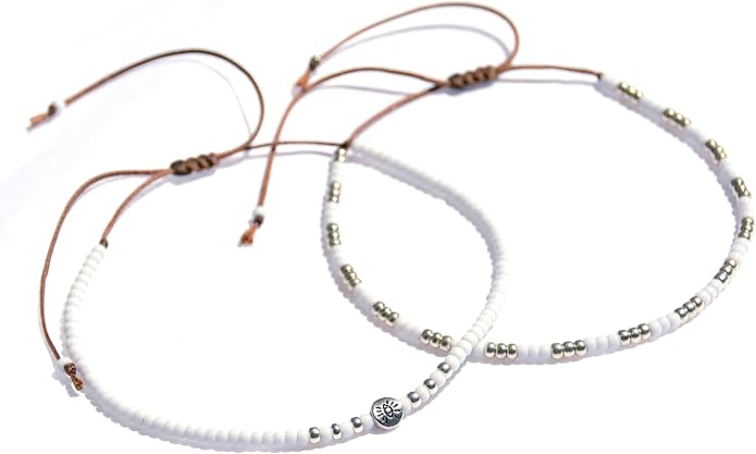 Beaded Anklet for Women, Boho Native American Style, Unique White & Silver Hippie Beach Waterproof Anklet, Handmade by Tribes