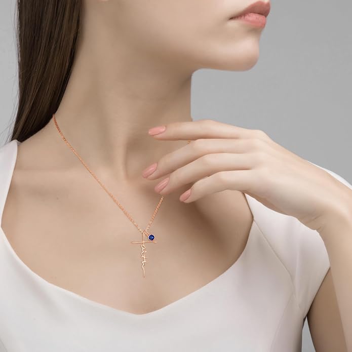 PRAYMOS Faith Cross Necklace for Women 925 Sterling Silver Pendant Necklace With Birthstone Initial Christian Religious Confirmation Baptism Mothers Day Gifts
