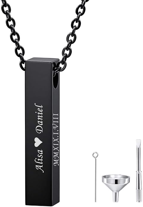 MeMeDIY Personalized 3D Vertical Cuboid Bar Pendant Urn Necklace Engraving Name/Date Customized Birthstones for Men Women Pet Stainless Steel Ashes Memorial Keepsake Cremation Funnel Kit